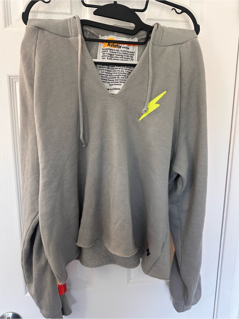 Aviator Nation grey Cropped split-neck Hoodie Neon 4 Stripe XL